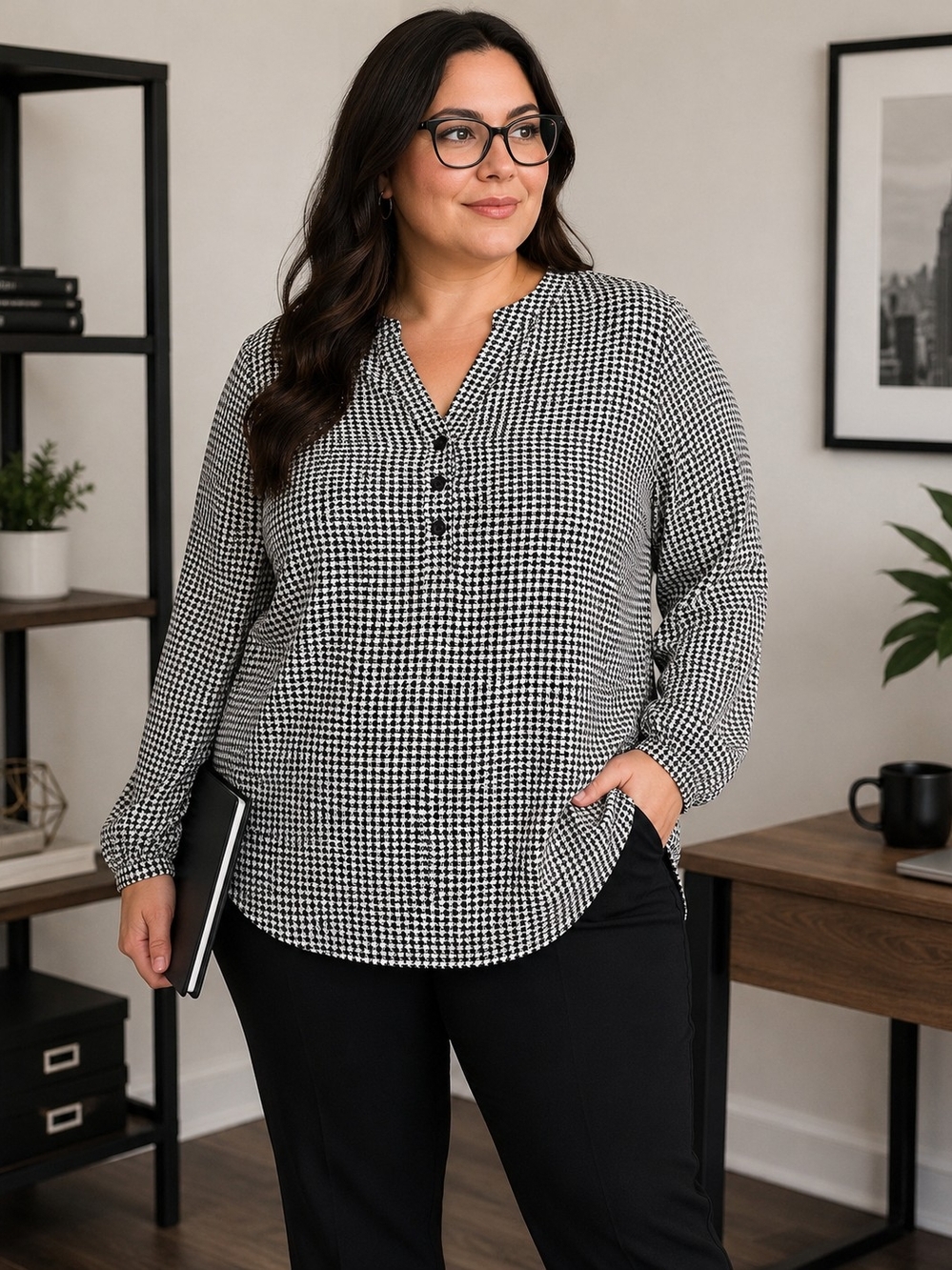Torrid Harper 3 Button Blouse Black White Houndstooth Size 1